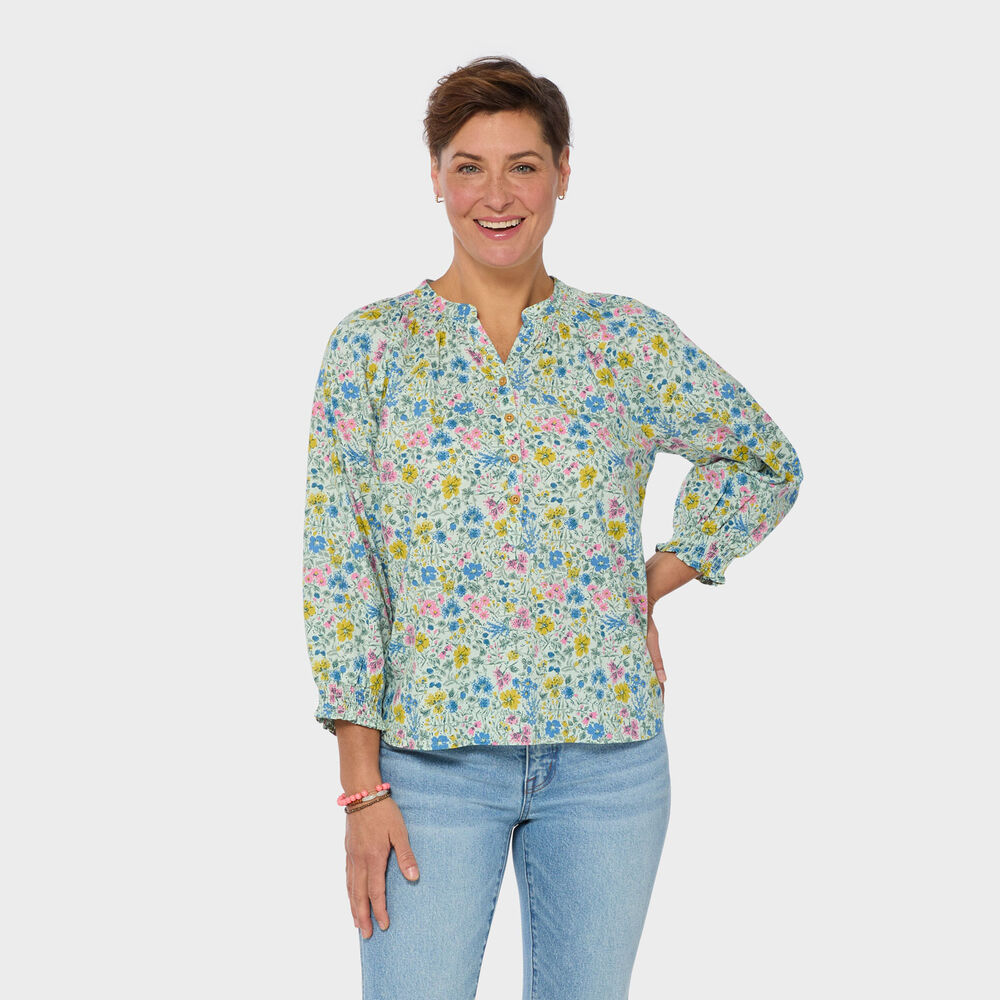 Women's Artisan Hemp 3/4 Sleeve Smocked Blouse Main Image